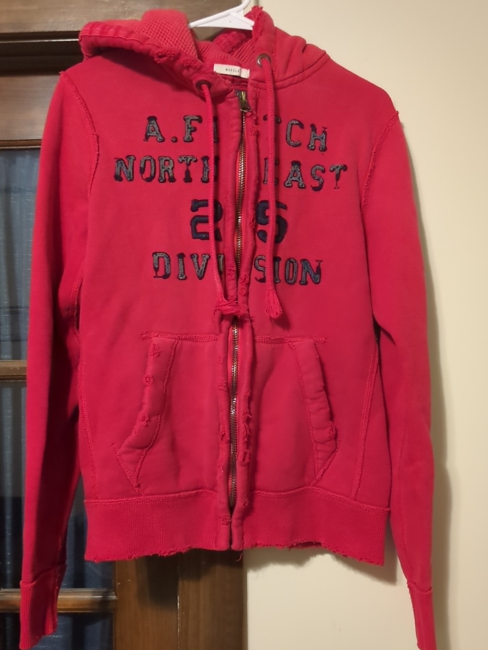 Abercrombie & Fitch Red Zip-Up Hoodie with Navy Embroidery